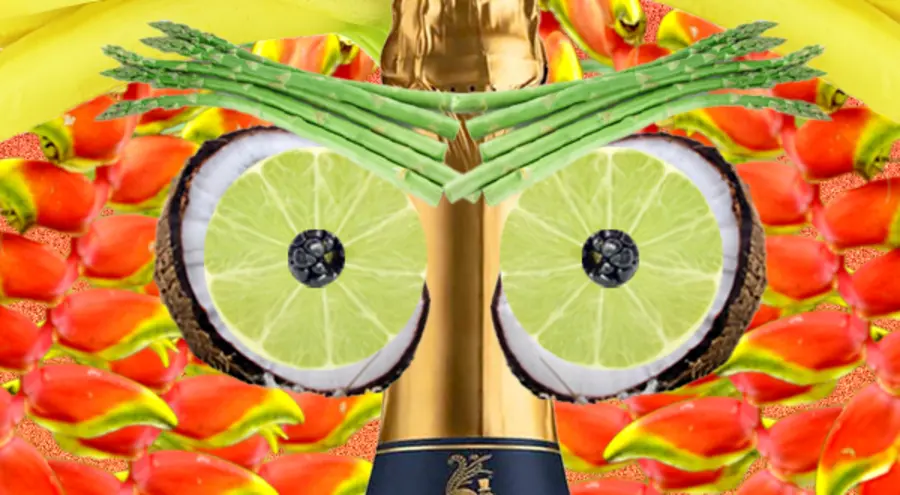 Détail des yeux faits de citron vert, noix de coco et myrtille